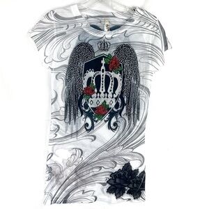 NEW-H.I.P Tee Brand Rhinestone Angels wings and Crown Chick CrewNeck T-Shirt Top